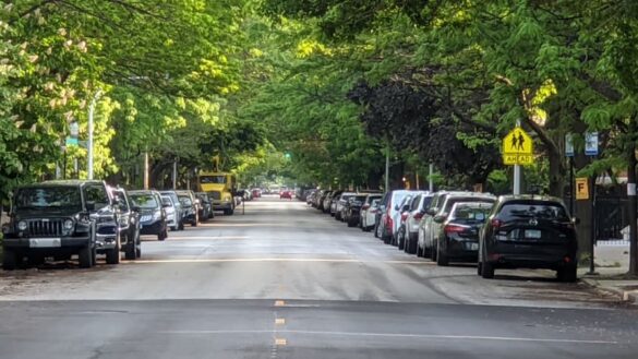 Rua com carros estacionados e em volta uma intensa arborização urbana